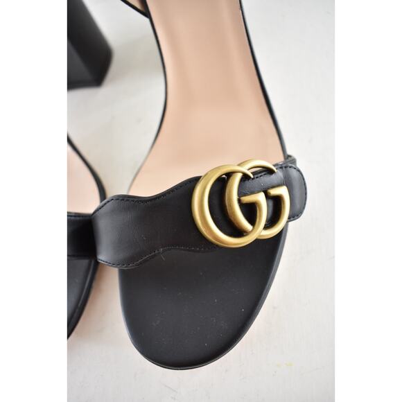 Gucci Marmont Black Leather Gold GG Logo Block Heel Ankle Strap Pump Sandal 40 - Picture 4 of 13